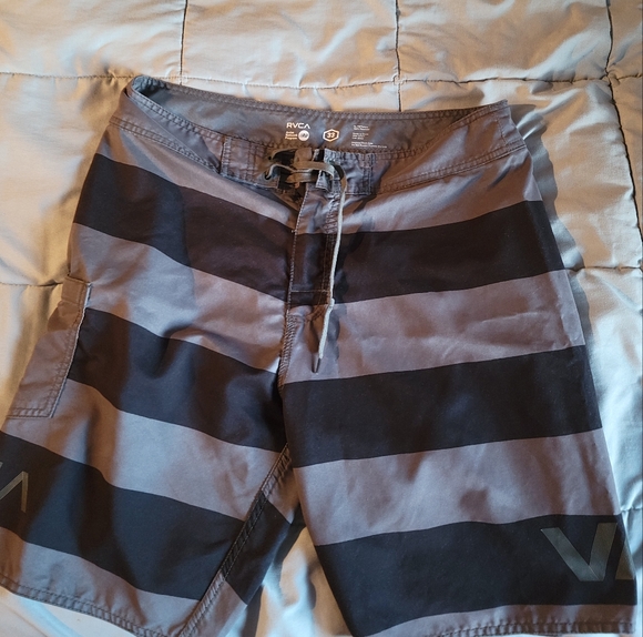 RVCA Men's Swim Shorts - Black and Gray Stripes - Picture 1 of 2